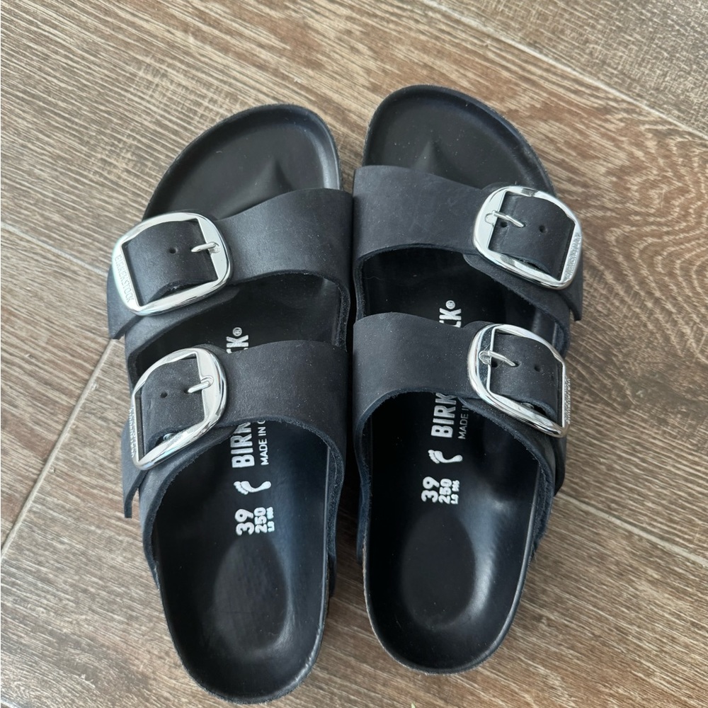 Birkenstock big buckle black leather sandals